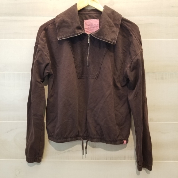 {S} The Normal Brand Saint Louis Brown Half Zip Cropped Pull Over Cinch Waist - Picture 1 of 9